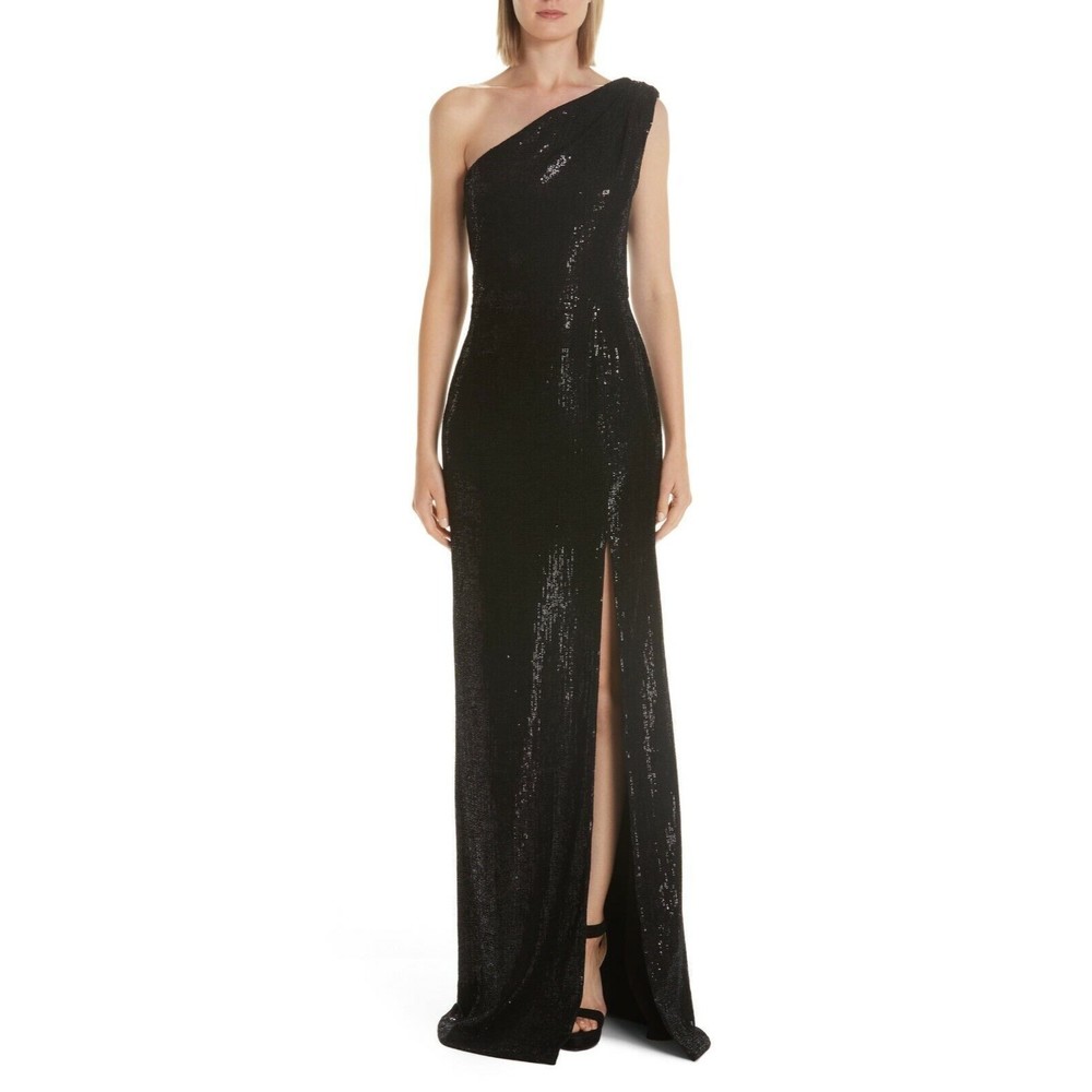 HANEY Black ZANE One Shoulder Sequin Embellished Velvet Thigh High Slit Gown 6 S